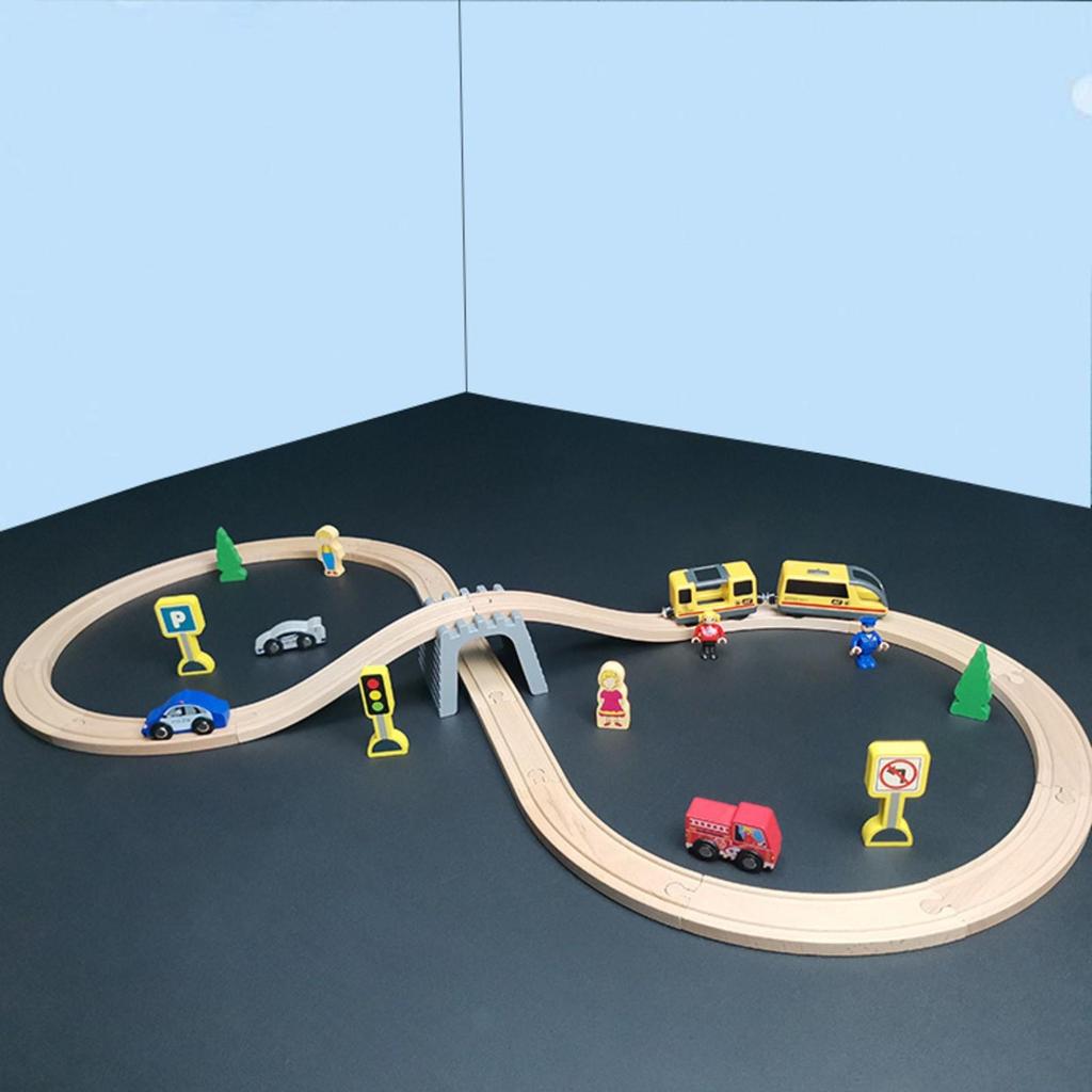 Wooden Train Set Interactive Beech Wood Railway Track Toy with Bridge Safe