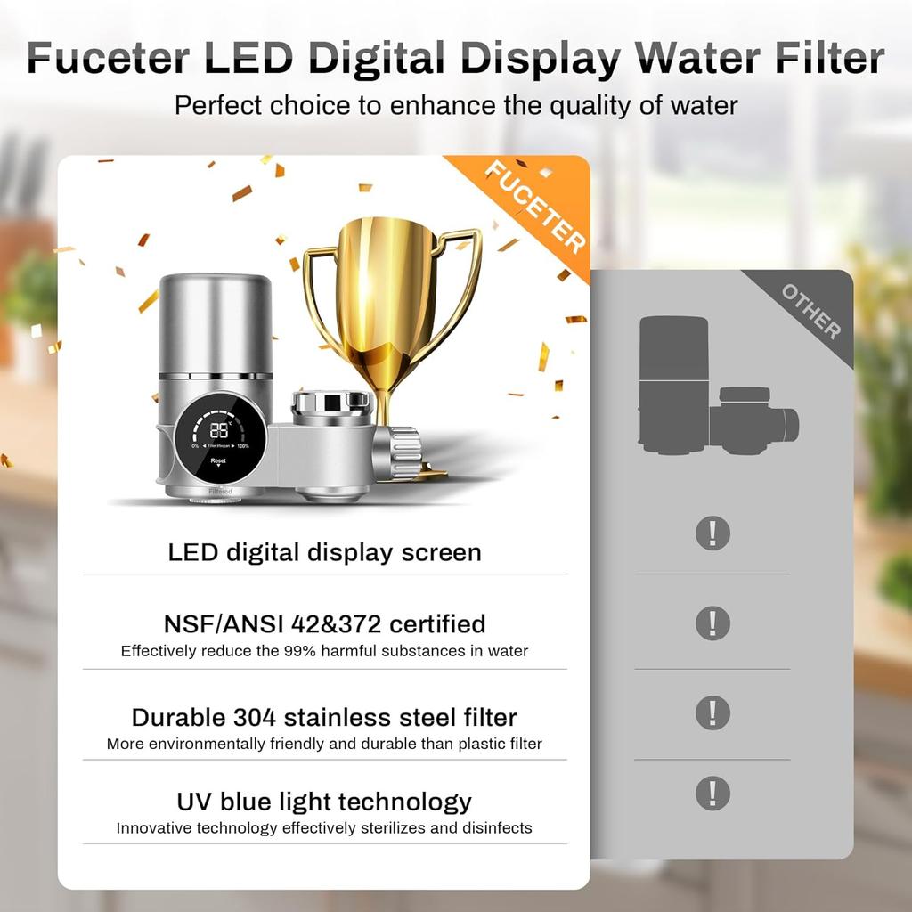 Faucet Mount Water Filtration System, LED Digital Display Faucet Tap Water Filter, NSF Certified to Reduce Chlorine Heavy Metals and Bad Taste w/13