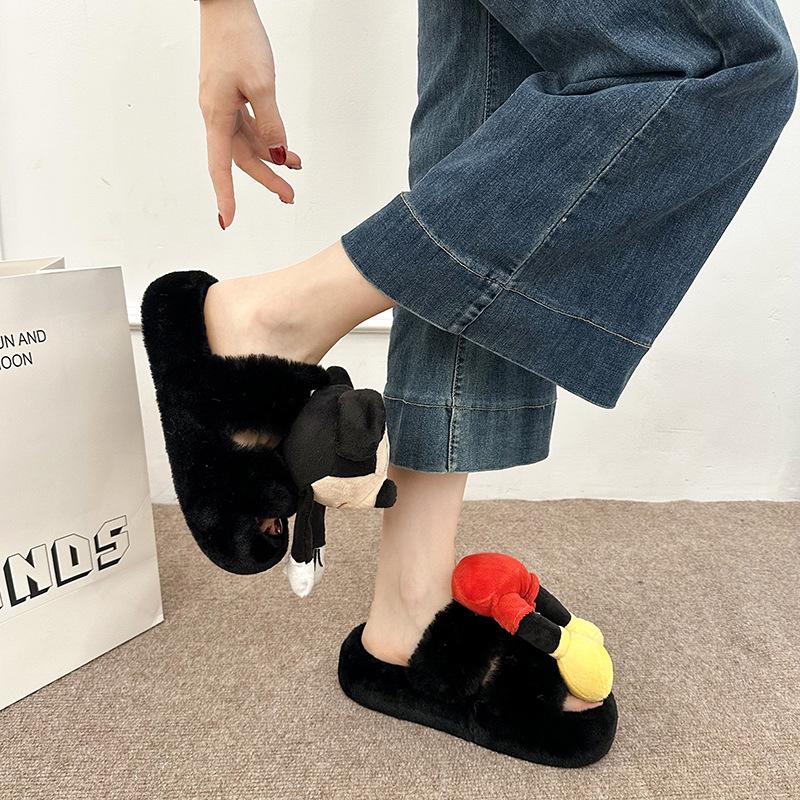 Cartoon Mickey Splicing Suede Fluffy Slippers Women's Autumn and Winter Fashion Retro Cute Outer Wear Thick Bottom Baotou Slippers
