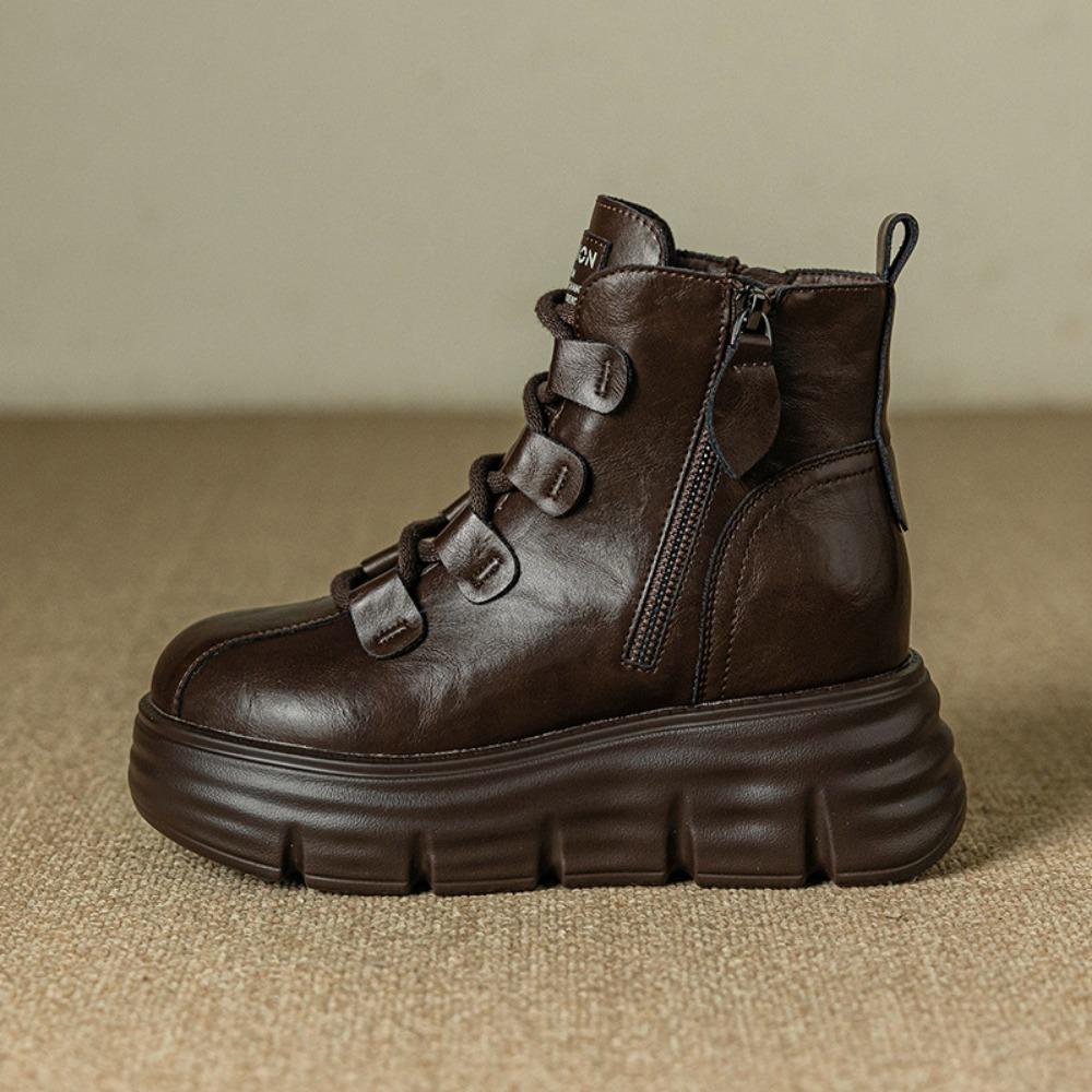 Heightening Boots Women's Autumn Winter New Velvet 8cm Platform Short Boots Retro Versatile High Top Shoes Brown Platform Shoes