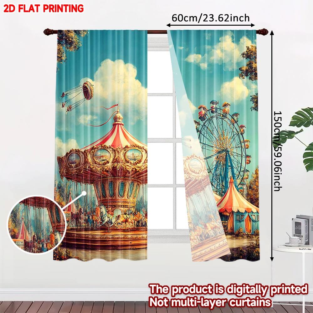 2D flat printing 2pcs Curtain Curtains Festive Carnival Rides Scene Digital Printed Polyester Drapes Festive Wall Decor for Door