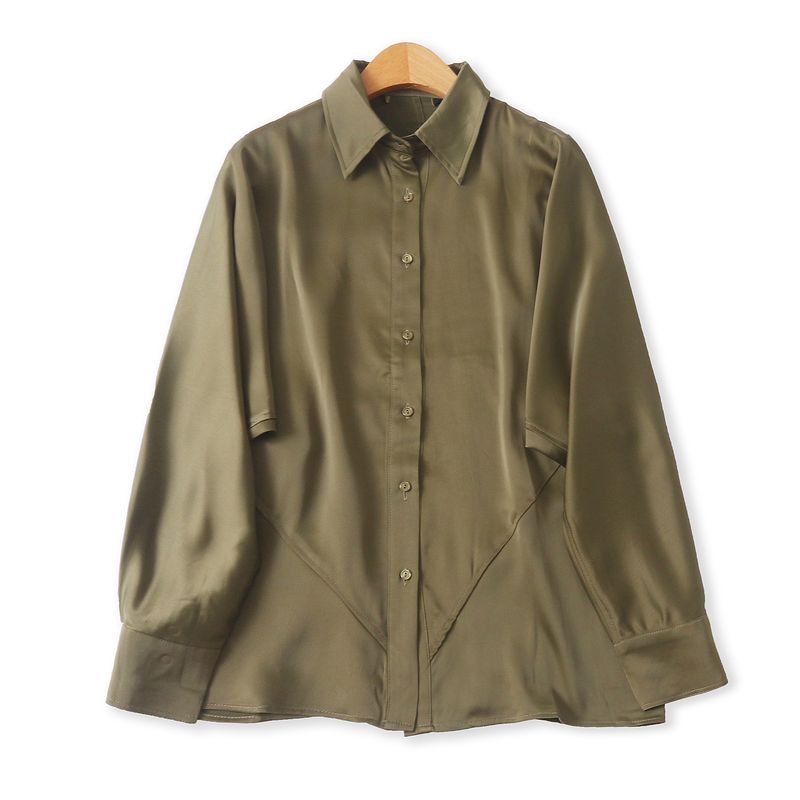 

Satin Faux Silk Shirt Fall New Arrival Export Female Lapel Single Breasted Batwing Long Sleeve Waist Trimming Shirt 32833 Army Green B- 16-26-3 L