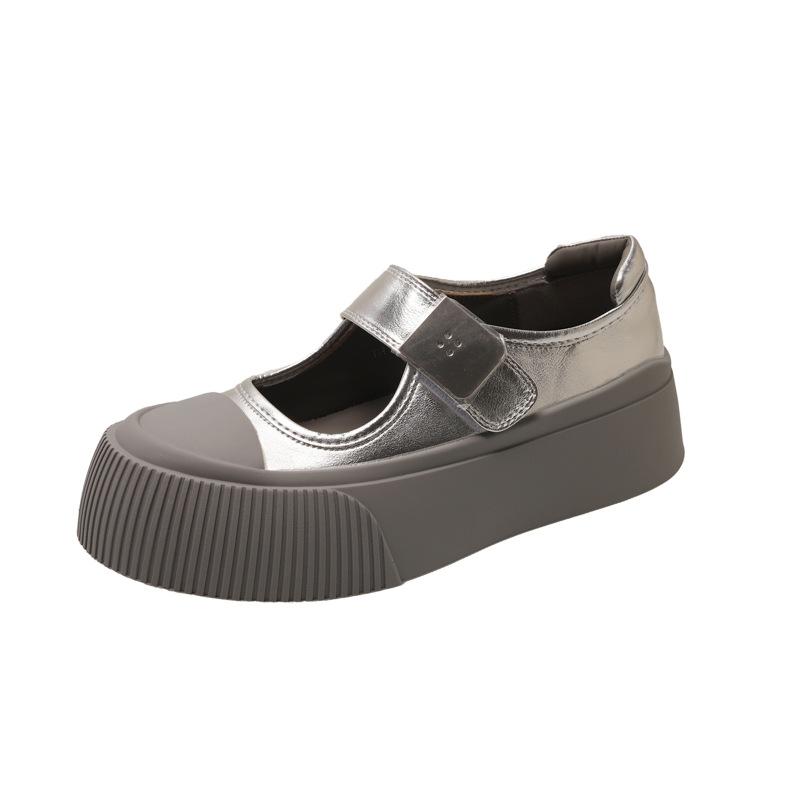 Fashion Versatile Silver Platform Big Head Shoes Women's 2025 New Spring and Summer Light Mouth Mary Jane Shoes Heightening Low-top Board Shoes