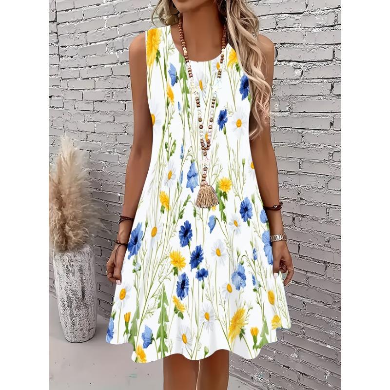 Women sleeveless dress Sexy Summer Floral Print Tank Dress Casual Loose A-Line Mini Dress S