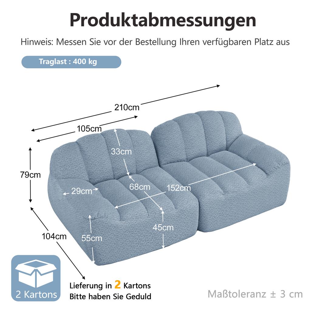 2-Sitzer Modulares Knochenloses Sofa, Muschelform, Tiefe Sitzkissen, Sofa für Wohnzimmer & Wohnung, Keine Montage Erforderlich, Blau