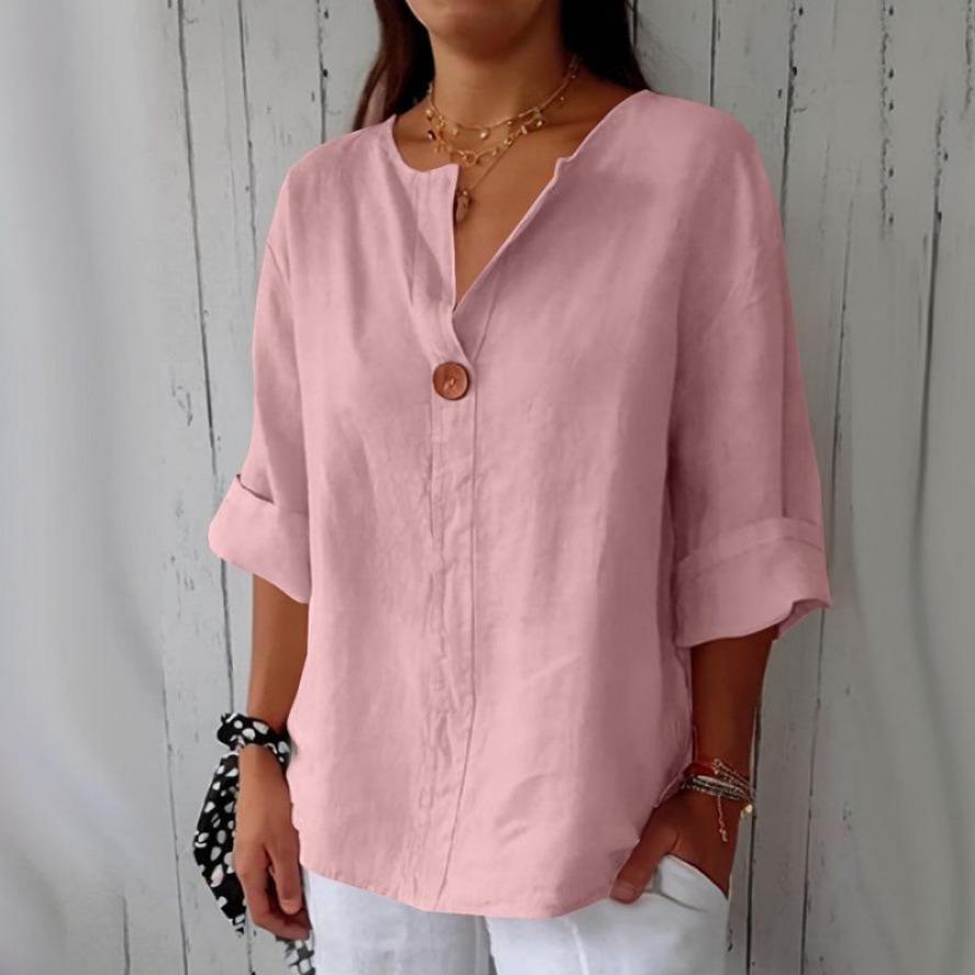 VEZFAA Sommer Neue Lose frauen V-ausschnitt Baumwolle Leinen Button-Down T-shirt Blusen & Hemden