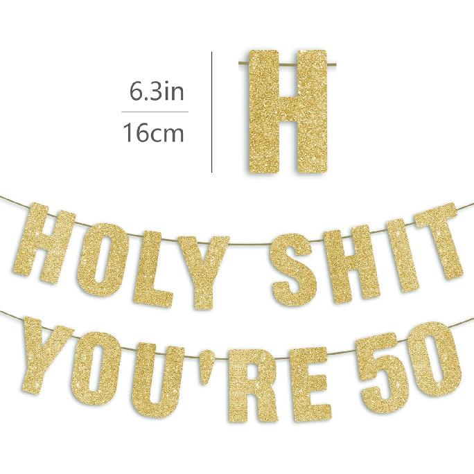 Pre-Strung 50th Party Gold Glitter Banner, Happy 50th Birthday Decorations for Men, Funny 50 Year Old Party Sign, 50th Birthday Decor for Women