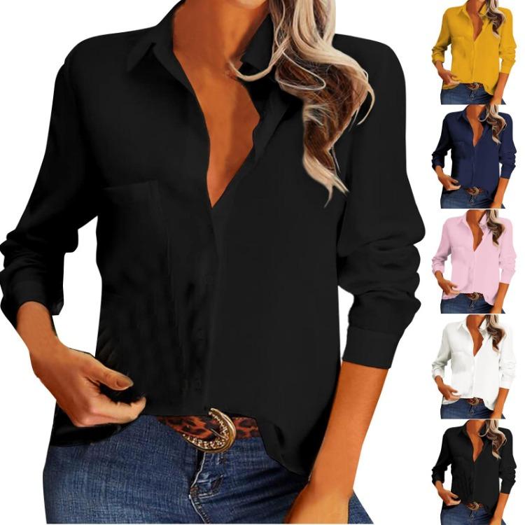 Casual Solid Color Women Loose Long Sleeve Shirt Single Breasted Lapel Pocket Stitching Fashion
