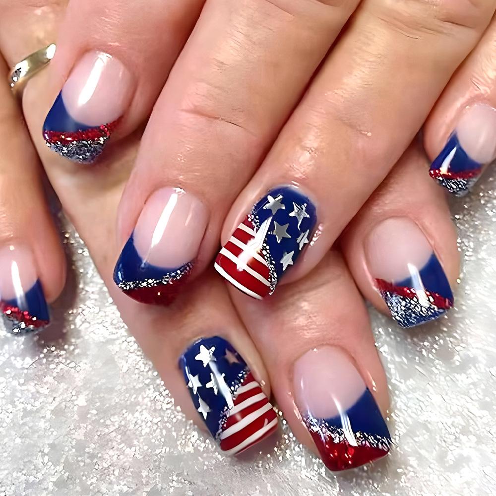 

Medium Shiny French Independence Day Fake Nails - Red & White Stripes with Silver Glitter, 24-Piece Set for European & American Wear.