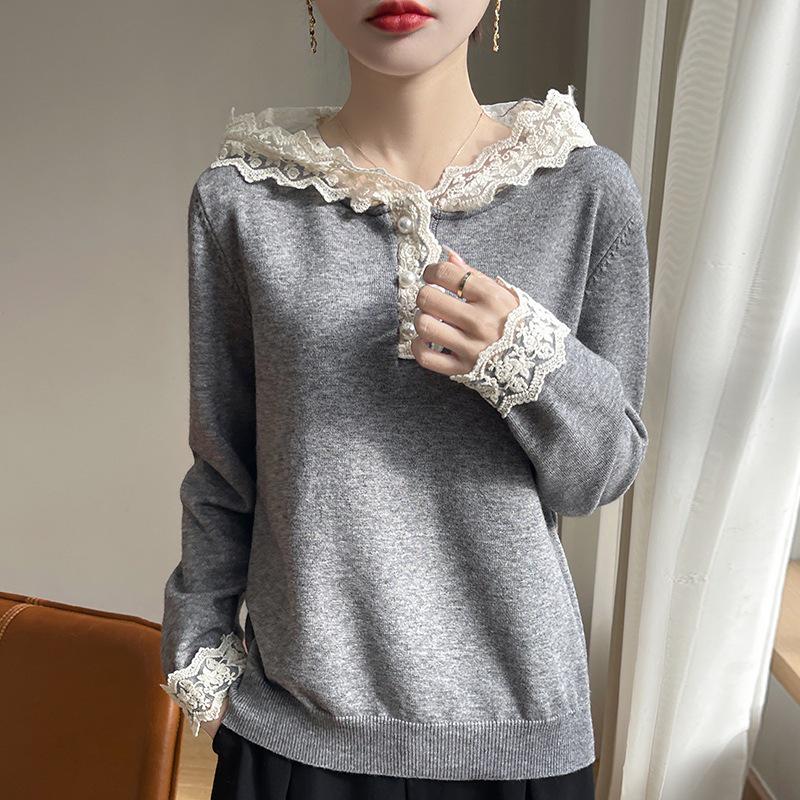 Women's Velvet Lace Design Hooded Knit Sweatshirt - Slimming Gentle Style