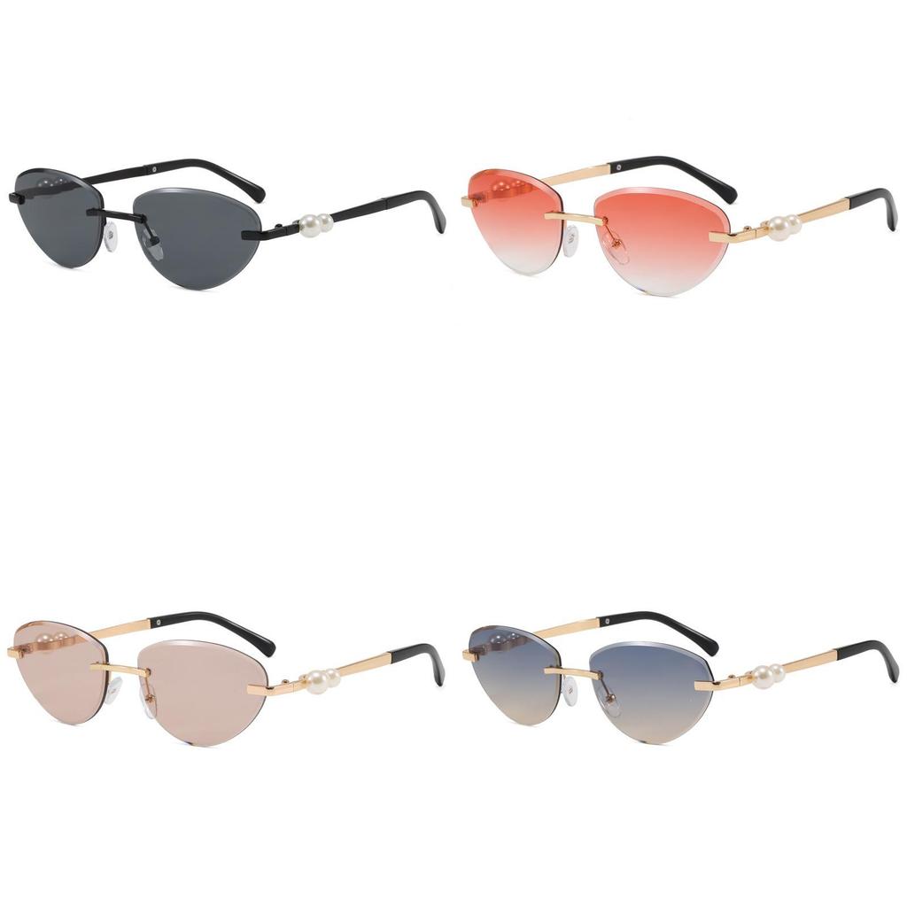 Pearl Metal Frameless Cat Eye Sunglasses With Uv400 Protection For Fashion Outdoor Travel