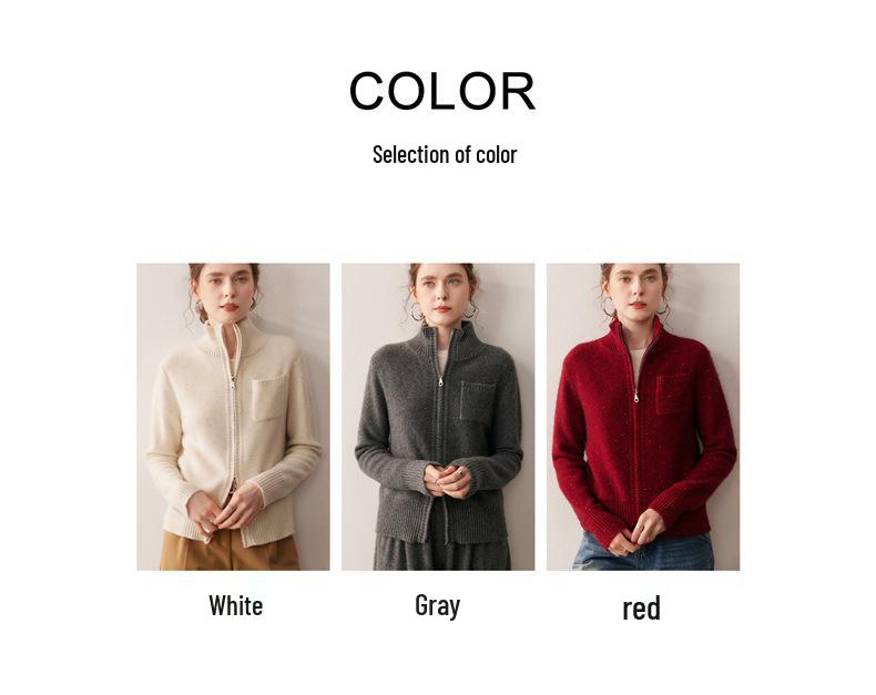 2025 A/W Women's Cashmere Stand Collar Cardigan, Golden Bean Yarn, Double Zipper, Thick Knit with Pockets.