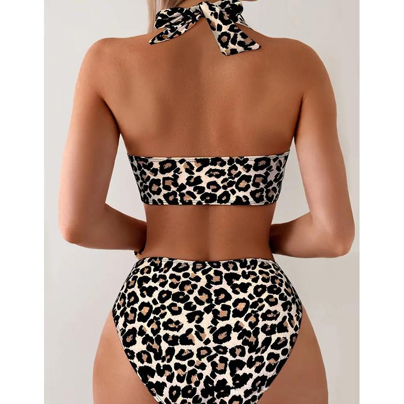 Women's V Neck Sleeveless Leopard Print Bikini Set Sexy Push-Up 2 Piece Set Animal Print Swimwear
