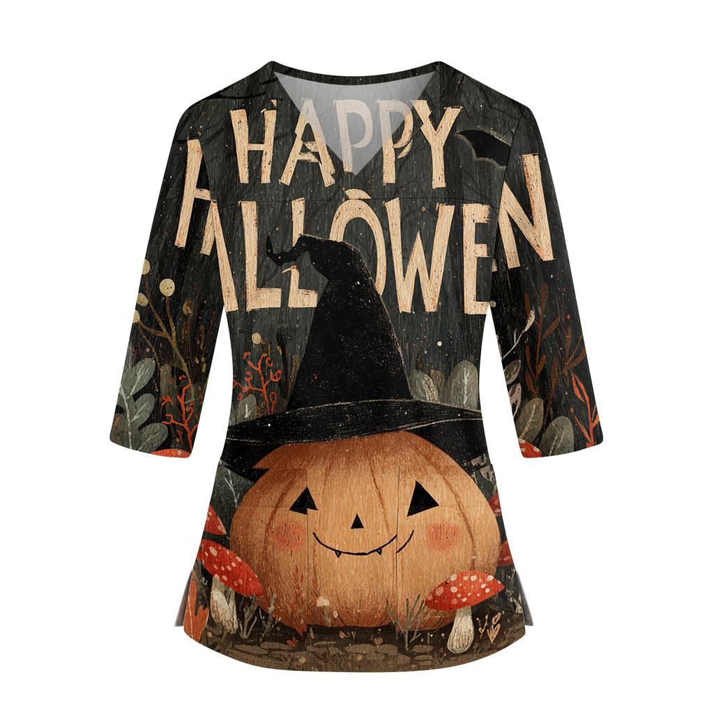 Women's V Neck Costume Top with Pockets Side Slits 3/4 Sleeves Halloween Print for Party