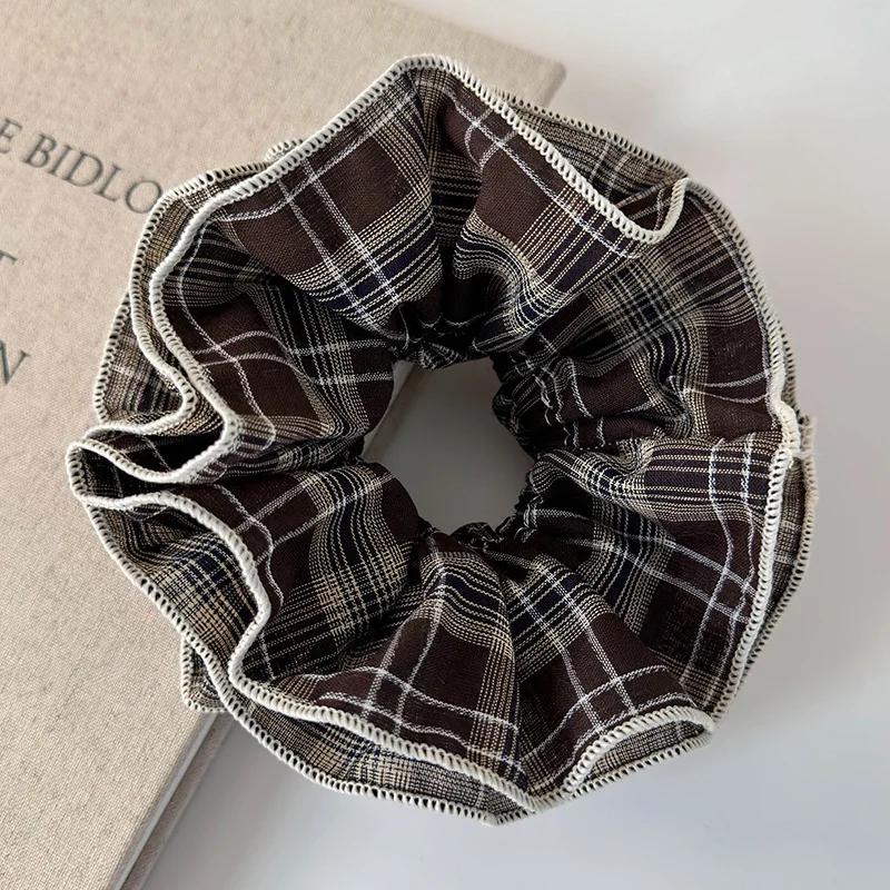 Retro Large Double Layer Plaid Lace Hair Scrunchies Brown Headbands Womens Elegant Hair Tie Girl Hair Rope Rubber Band Headdress