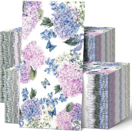 200 Pack Purple Hydrangea Napkins for Guests Floral Butterfly Napkins Disposable Dinner Hand Towels Decorative Flower Bathroom Paper for Wedding