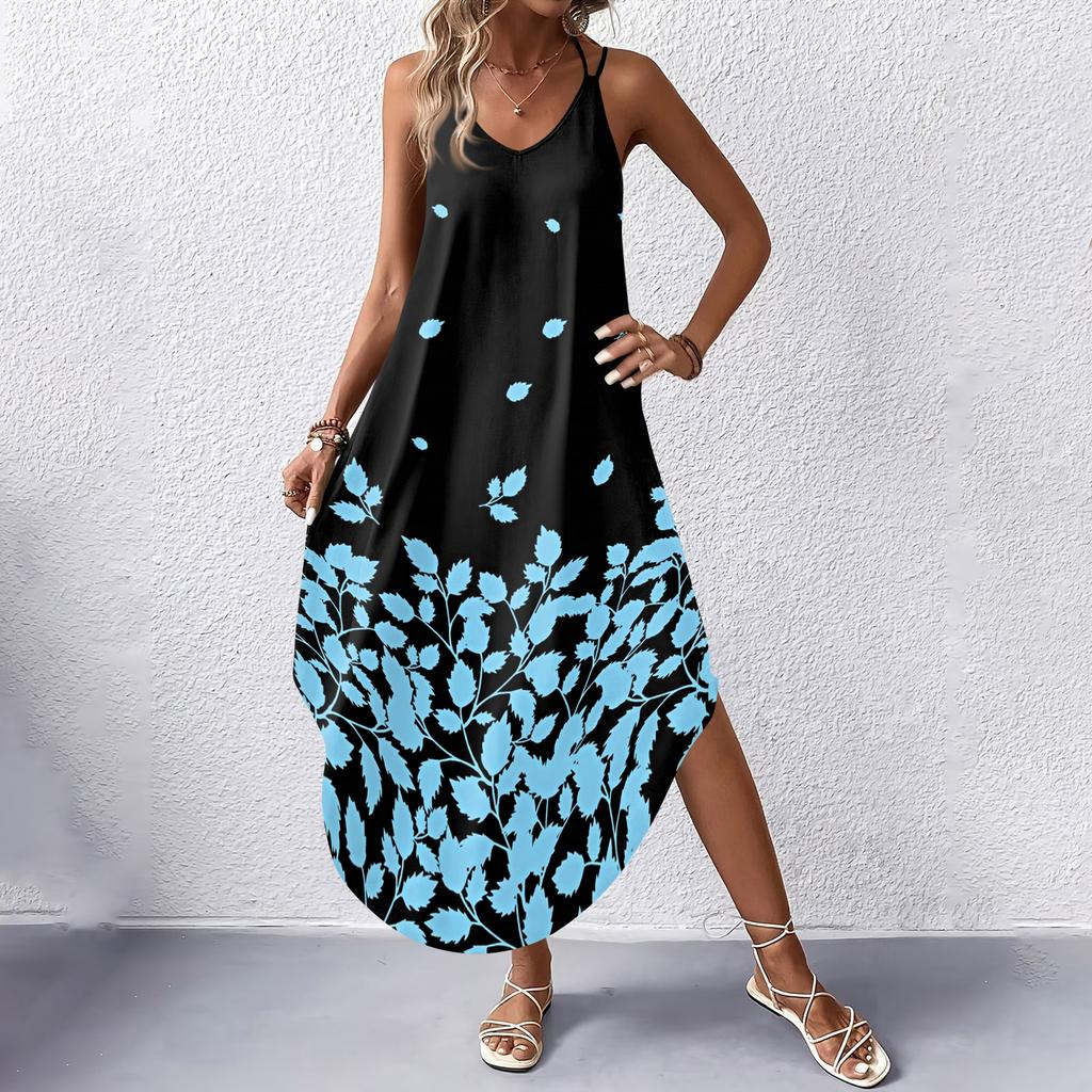 Women V Neck Sleeveless Floral Print Maxi Dress with Pockets Casual Loose Fit Beach Long Sundress for Summer