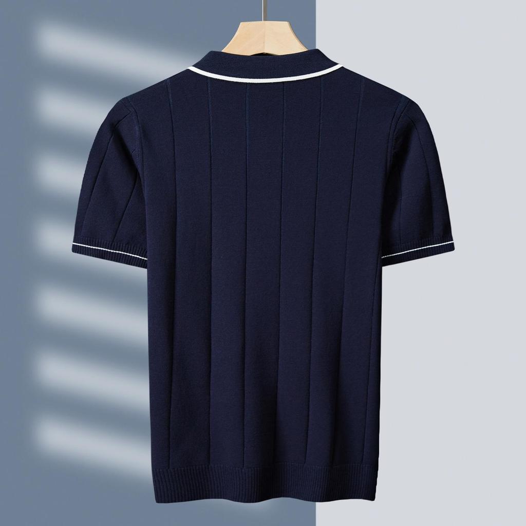 Men's Thick Knitted Color Block Striped Polo with Zip-Up and Turn-Down Collar