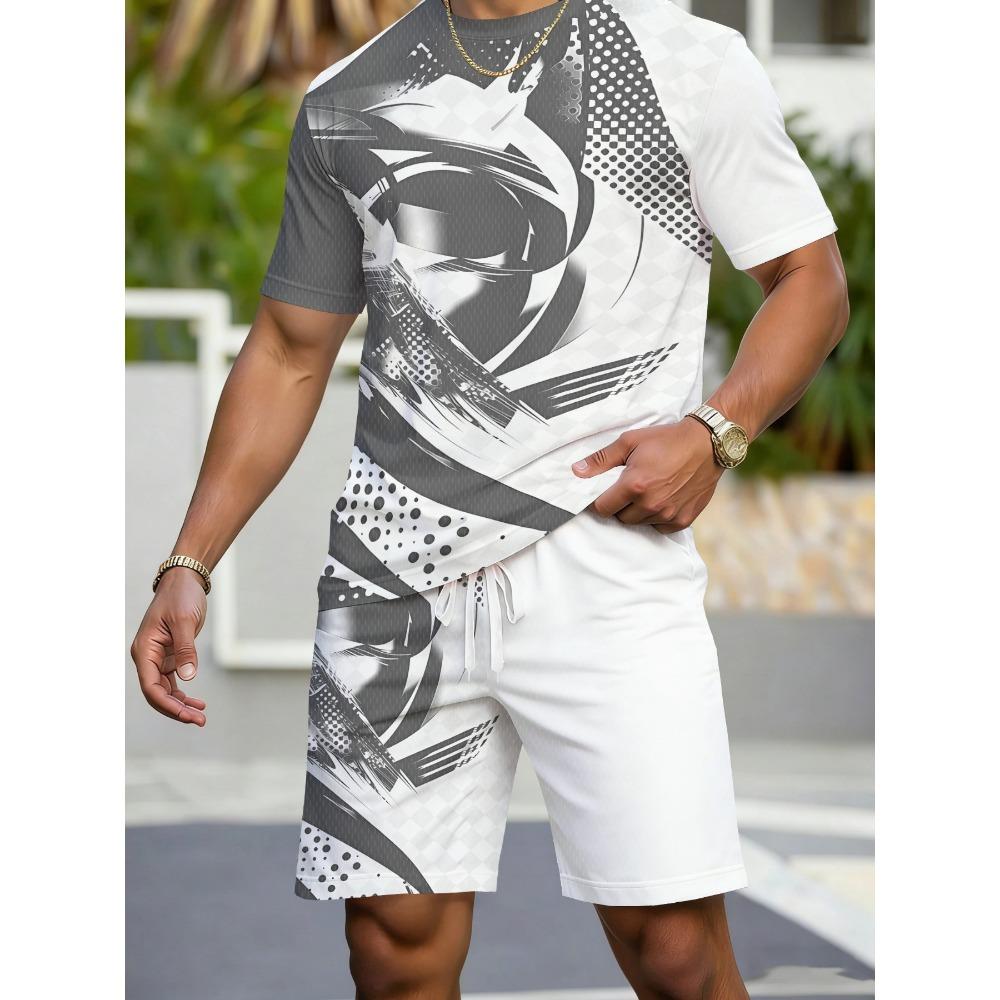 Men's Casual Sportswear Set, Breathable Outdoor Leisure Round Neck T-Shirt and Shorts Set, Summer Digital Print Set for Adults