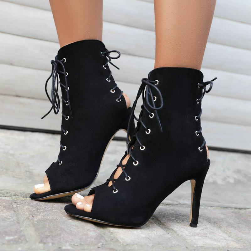 Summer European and American Fine Heel High Heel Cool Boots Roman Shoes Front Lace-up Fish Mouth Large Size - Sandals Foreign Trade Women's Shoes