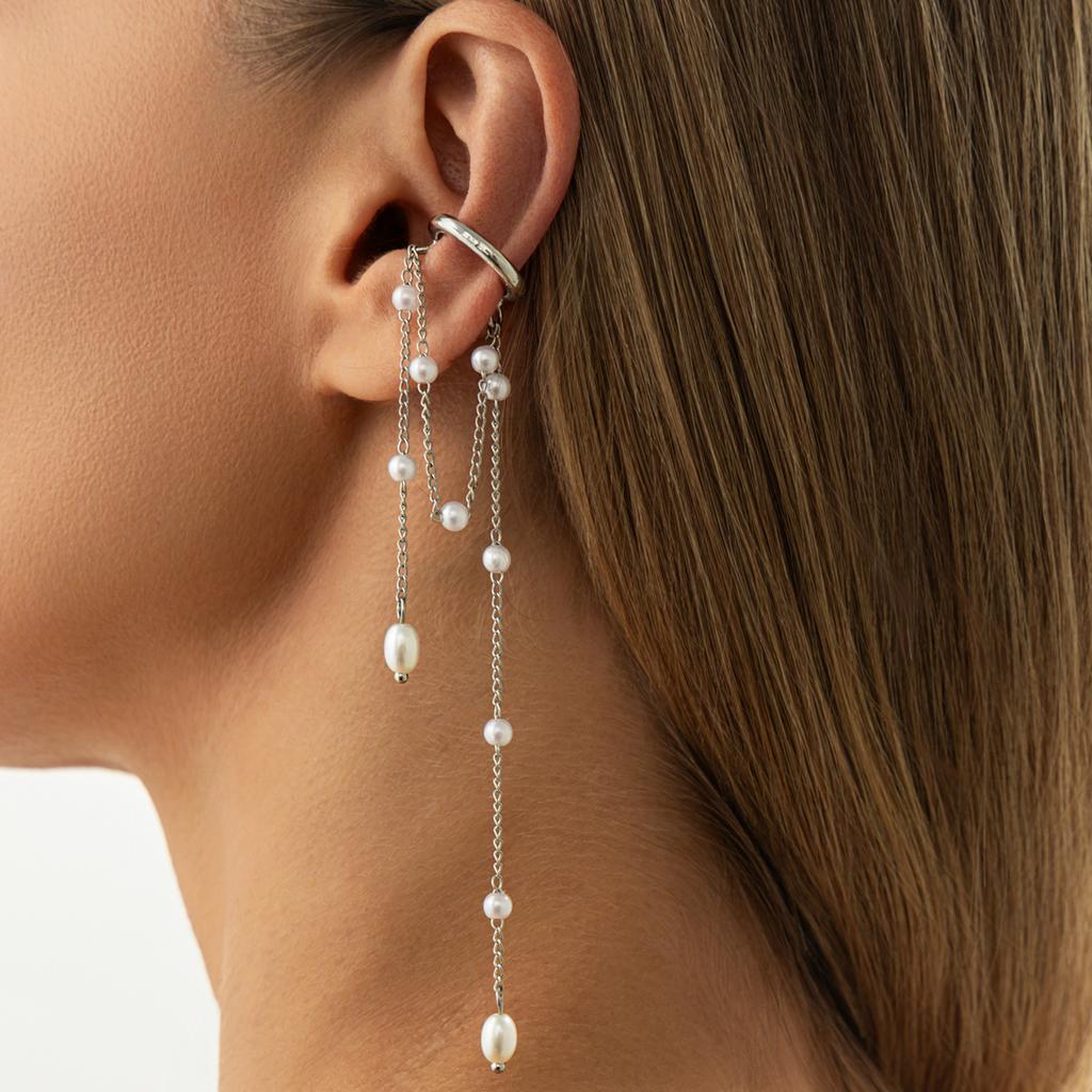 Temperament Imitation Pearl Long Fringed Ear Bone Clip, Wind Metal Chain C-Shaped Ear Buckle Without Ear Holes