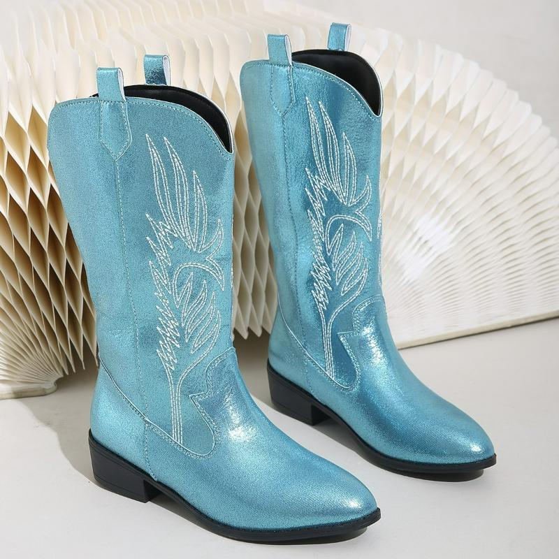 Damenstiefel Zum Hineinschlüpfen Mittelhohe Stiefel Spitze Quadratischer Absatz Cowboystiefel Plateau Ritterstiefel Große Größen Stickerei Langer Stiefel