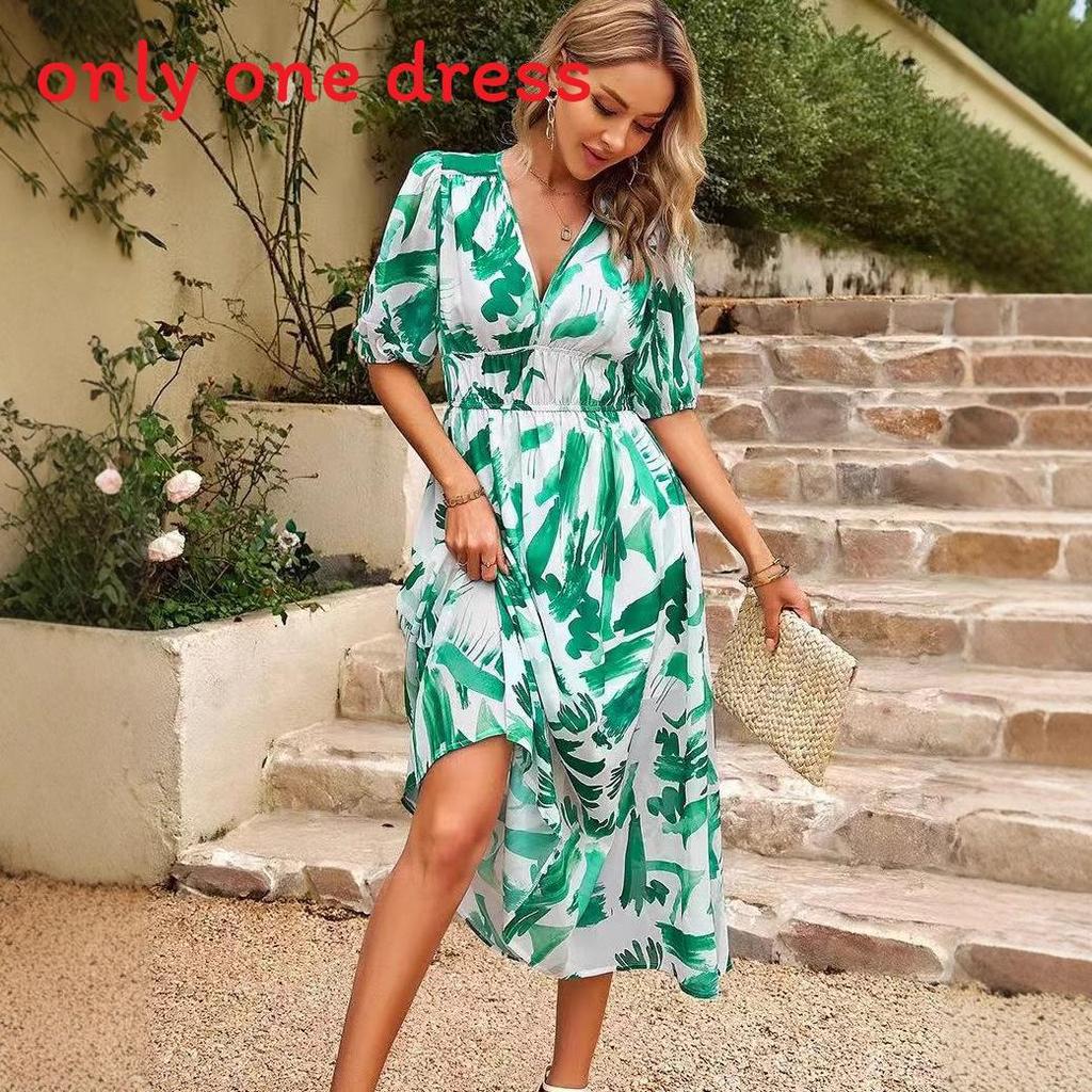 Floral Print V Neck Dress With Short Lantern Sleeves For Casual Female Wear