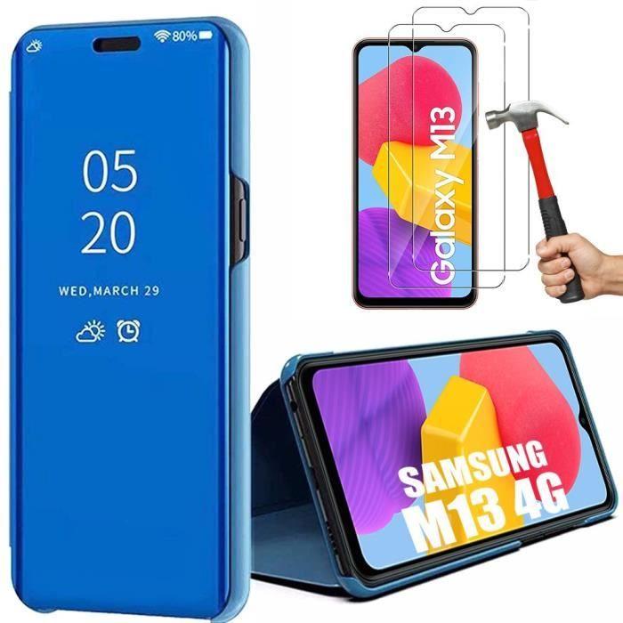 Coque pour Samsung Galaxy M13 + 2 Verres Trempés. Coque Effet Miroir Translucide Bleu