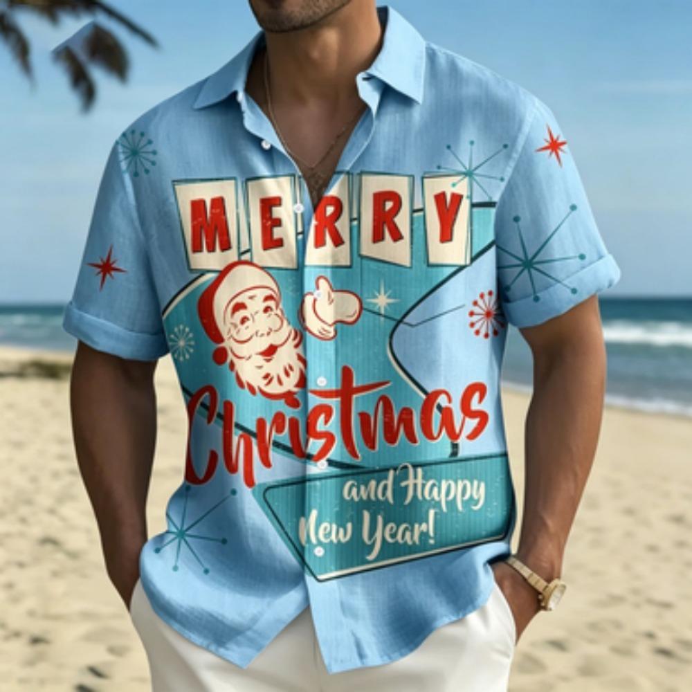 Men's short sleeved shirt, Santa Claus printed short sleeved shirt, European and American holiday casual collar shirt