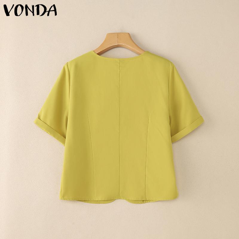 VONDA Women V Neck Short Sleeve Buttons Up Casual Elegant Cropped Blouse