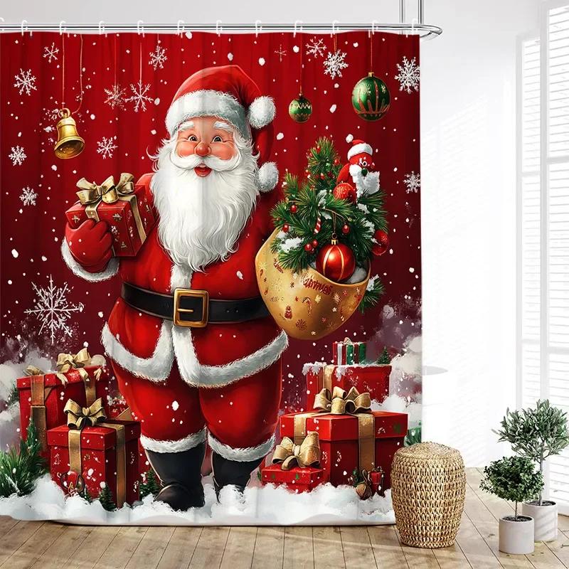 GAEFunny Red Santa Claus Shower Curtain Gold Xmas Balls Gifts White Snowflakes Winter Christmas Bath Curtains Home Bathroom De
