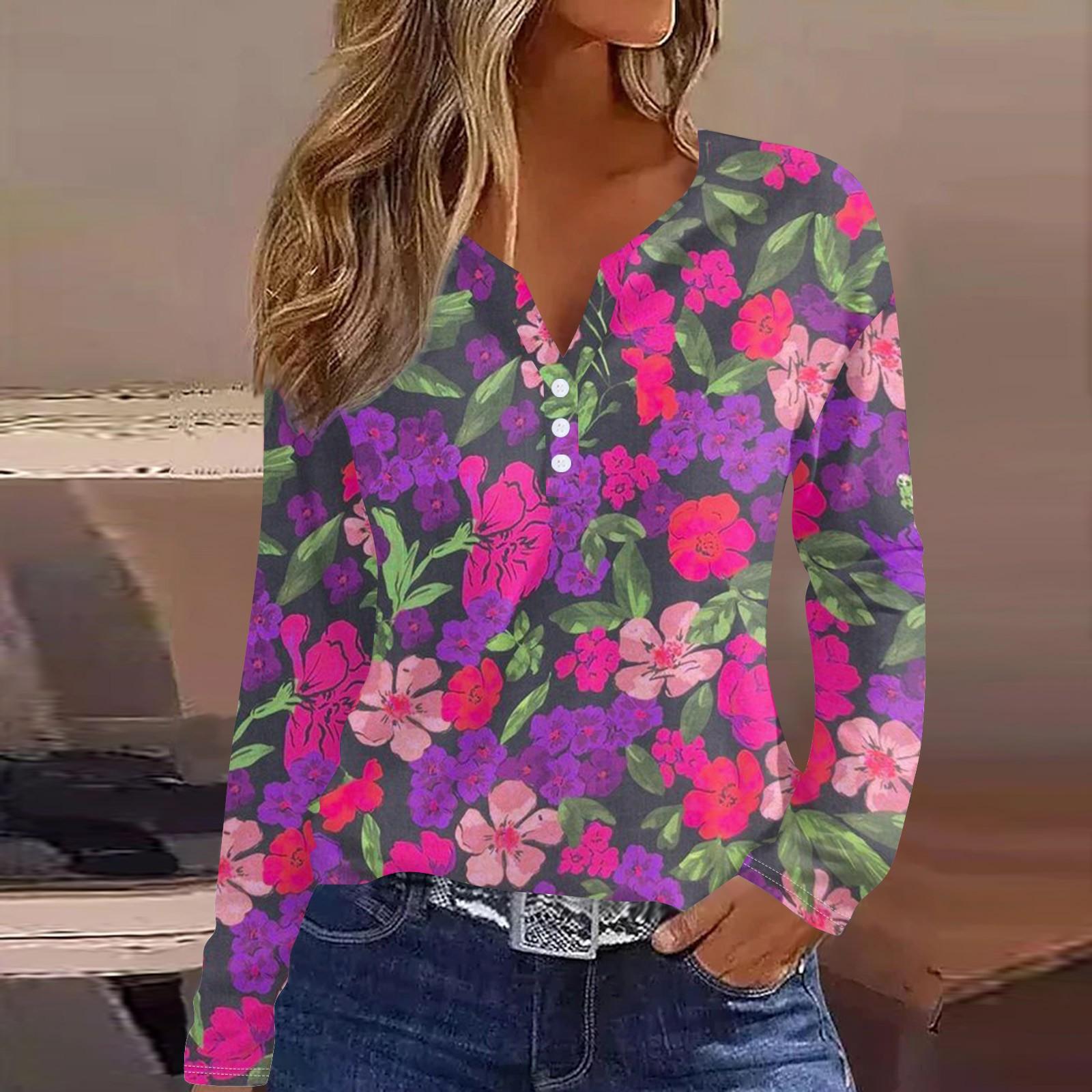 

Женская модная повседневная футболка с v-образным вырезом и длинным рукавом с принтом, топ на пуговицах M