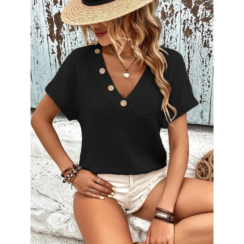 Spring Summer New Women's Knit T-Shirt, Fashion V-Neck Button Short Sleeve Top, Casual Knit Top for Women