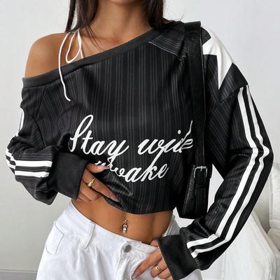 Evropský a americký Y2K styl s šikmým ramínkem, dlouhým rukávem, dámský podzimní sportovní styl, pikantní dívka, zeštíhlující top odhalující ramena