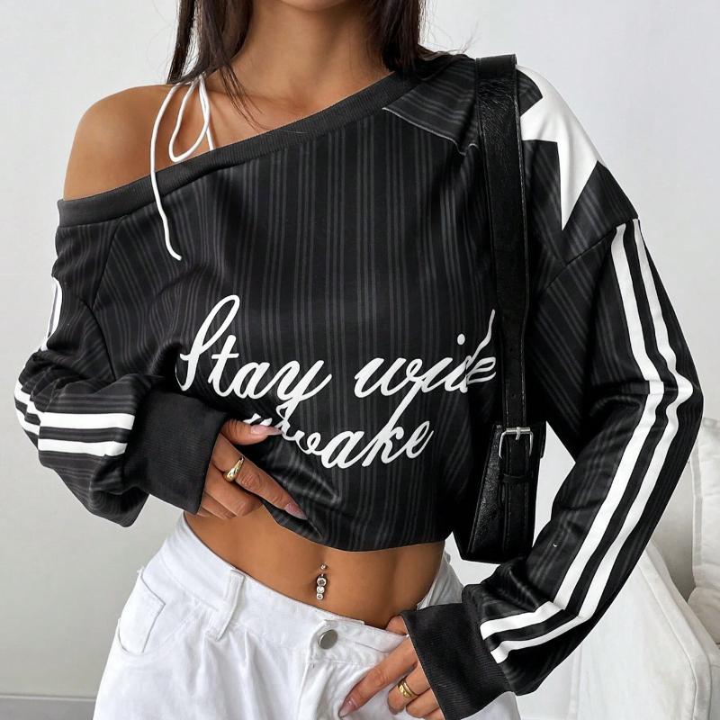 European and American Y2K sloping shoulder strap long sleeved women's autumn sports style spicy girl slimming off off shoulder top