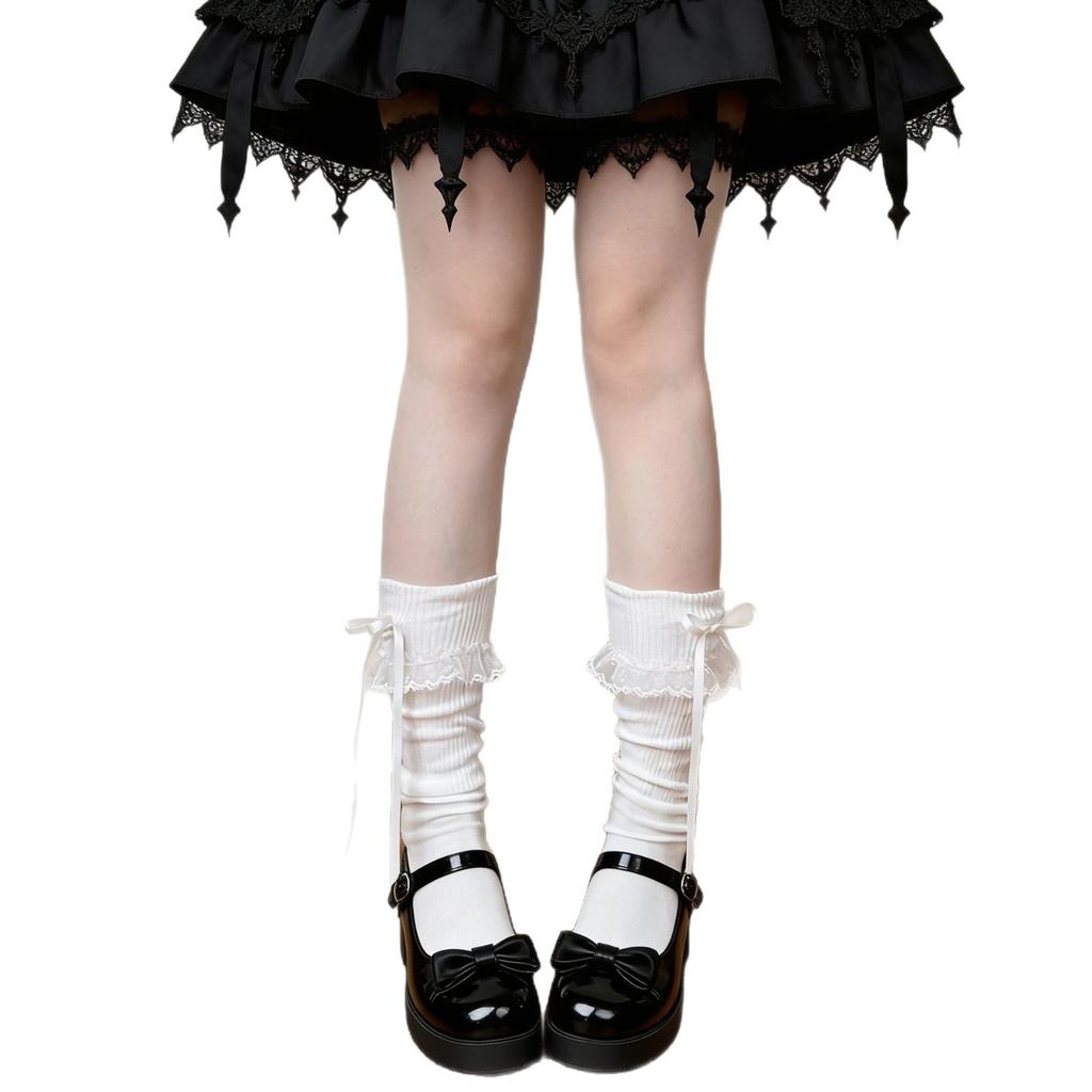Original Japanese-style Lolita Thin Mid-Calf Knitted Polyester Tube Socks Bows Lace Design Breathable Anti-Bacterial Daily