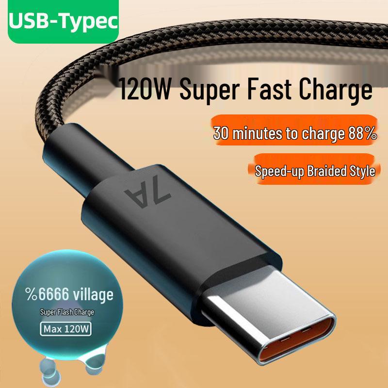 120W Super Fast Charging Type-C Cable for Huawei, Vivo, Oppo, Xiaomi with 7A Flash Charging