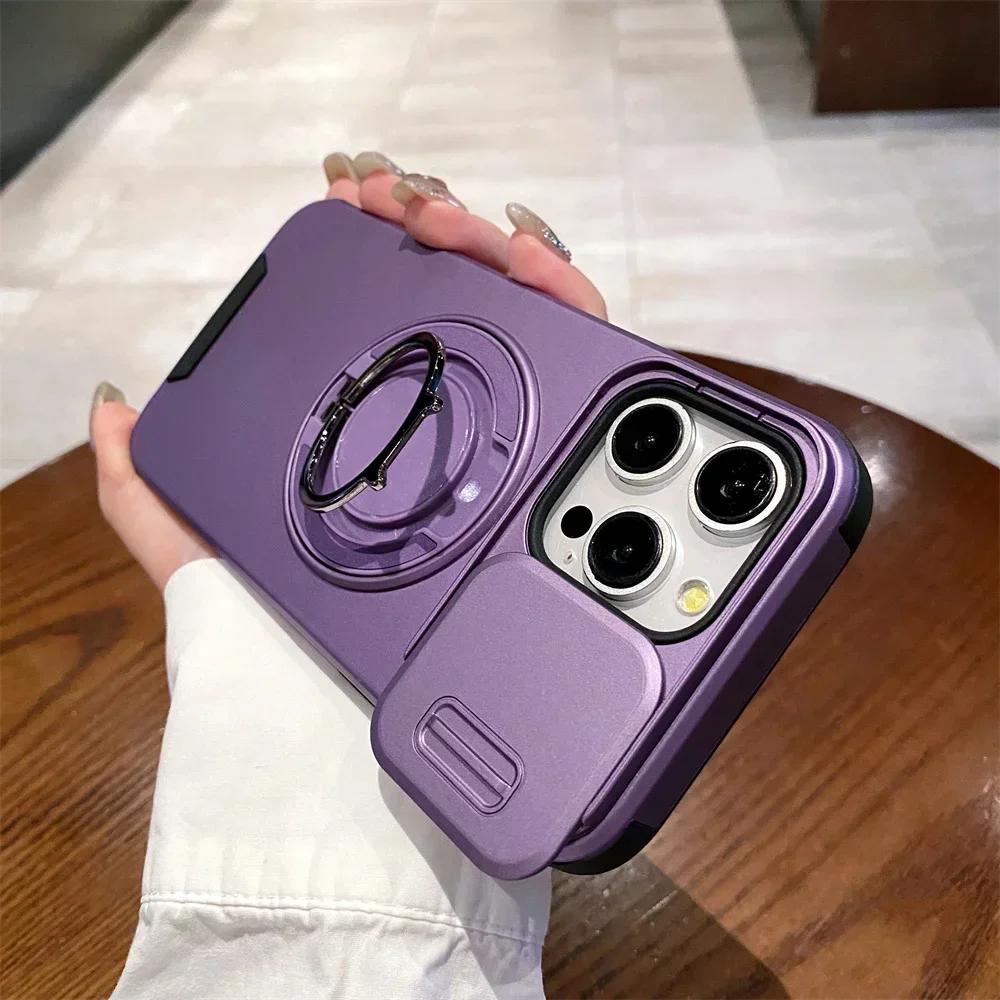 Slide Camera Lens Protection Case For iPhone 16 Pro Max 15 14 Plus 13 12 11 Ring Magnetic Bracket Holder Shockproof Armour Cover