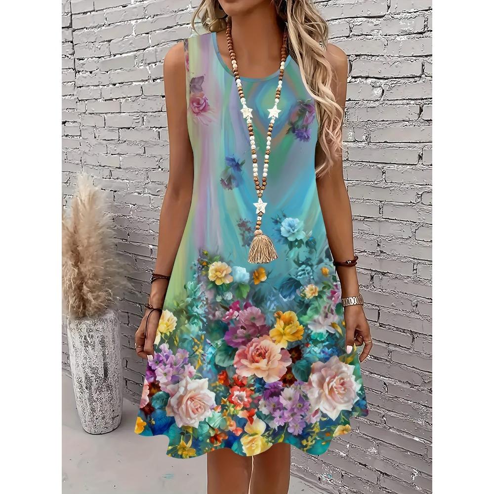 Women's Floral 3D Print Sleeveless A-Line Dress Summer Casual Bohemian Beach Dress Vibrant Y2k Ladies Clothes Dresses Woman Tops