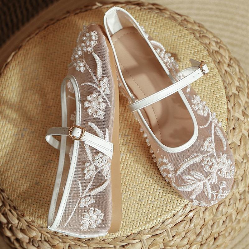 Mesh Breathable Flats Ballet Women String Bead Round Toe Sandals Light Soft Sole Casual Fashion Design  Elegant Dress Shoes