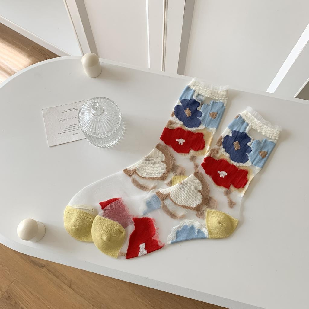 Křišťálové hedvábné ponožky Dámské Letní Ultratenké Průhledné Nylonové Dlouhé Ponožky Květinová Výšivka Japonské Kawaii Roztomilé Síťované Krajkové Ponožky