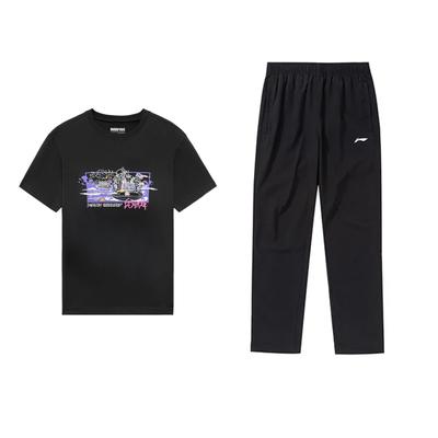 Li Ning Comfortable Simple Short Sleeve Pullover Fashion Design Lightweight Trendy Long Pants Casual Sports Suit Unisex Suit Black AHSUB33-1+AYKU703-1