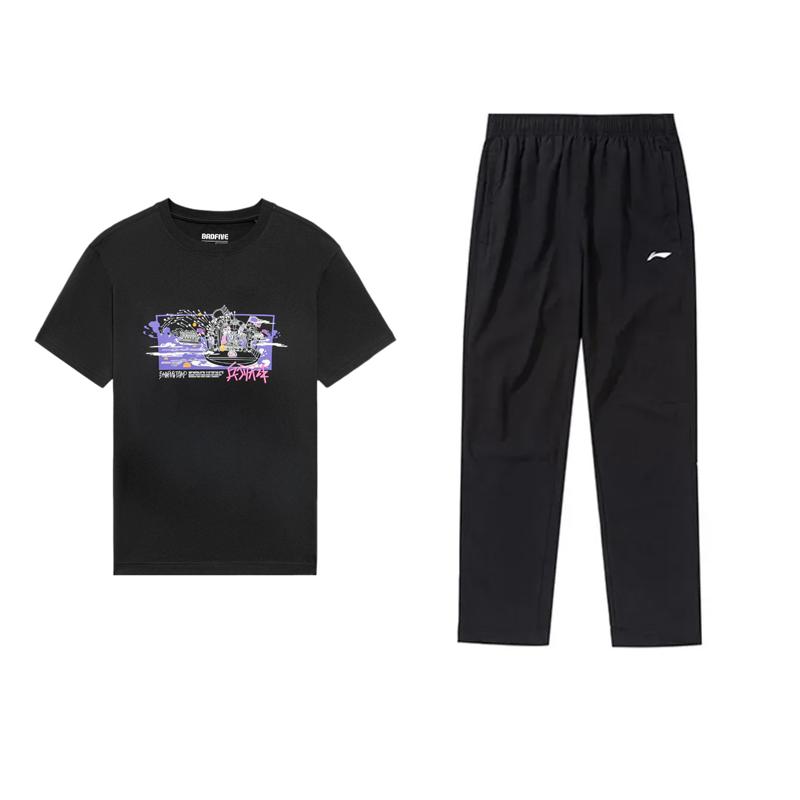 

Li Ning Удобный Простой Пуловер с Коротким Рукавом Модный Дизайн Легкий Трендовый Длинные Брюки Повседневный Спортивный Костюм Костюм Унисекс Черный AHSUB33-1+AYKU703-1 XL