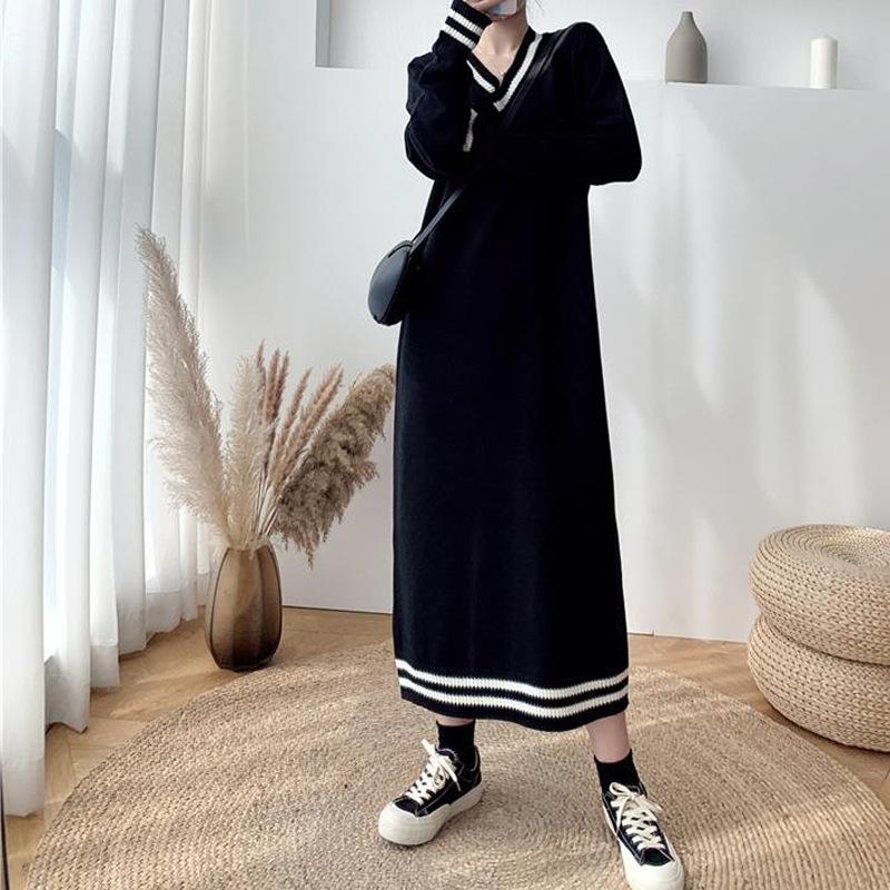 GMXIA Damski sweter z długim rękawem i dekoltem w serek, duży rozmiar, jesień i zima, nowy, luźny z płaszczem, sukienka dzianinowa do kolan