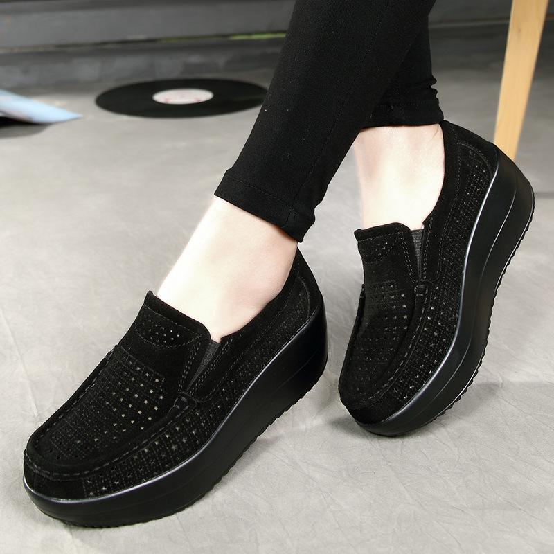 Fashion Women Wedge Heels Platform Shoes Genuine Leather Loafers Casual Walking Shoes Non-slip Mother Shoes