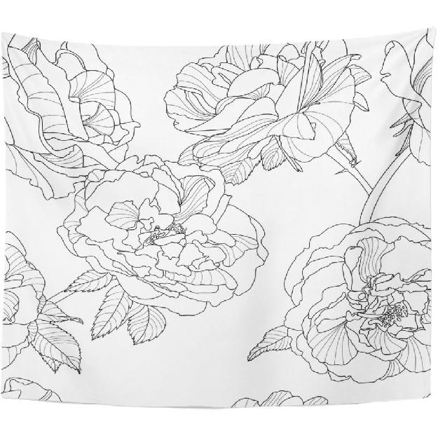 Emvency Tapestry Grey Line Floral Black White Outline Rose Flowers Design Linear Home Decor Wall Hanging Living Room Bedroom Dorm 60x80 inches 50 L x 60 W