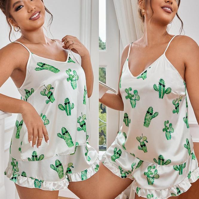 Plus Size Backless Halter Pajamas Women's Simple Cactus Halter Shorts Suit Casual Loose Homewear