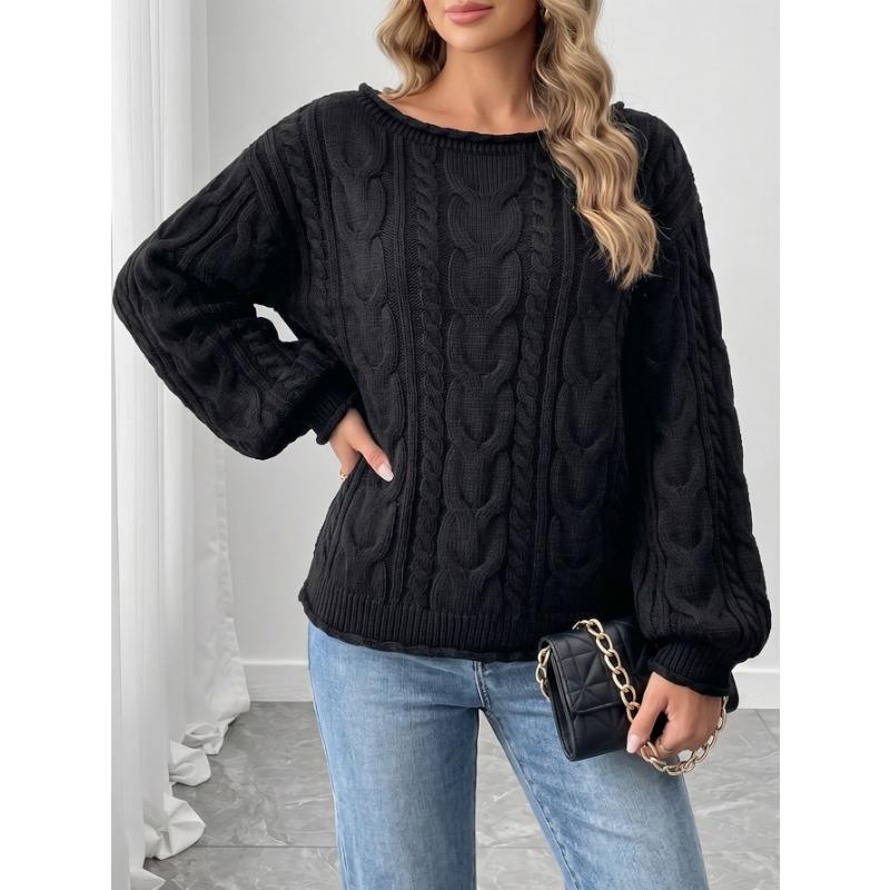 Women Casual Loose Off Shoulder Long Sleeve Cable Knit Pullover Sweater