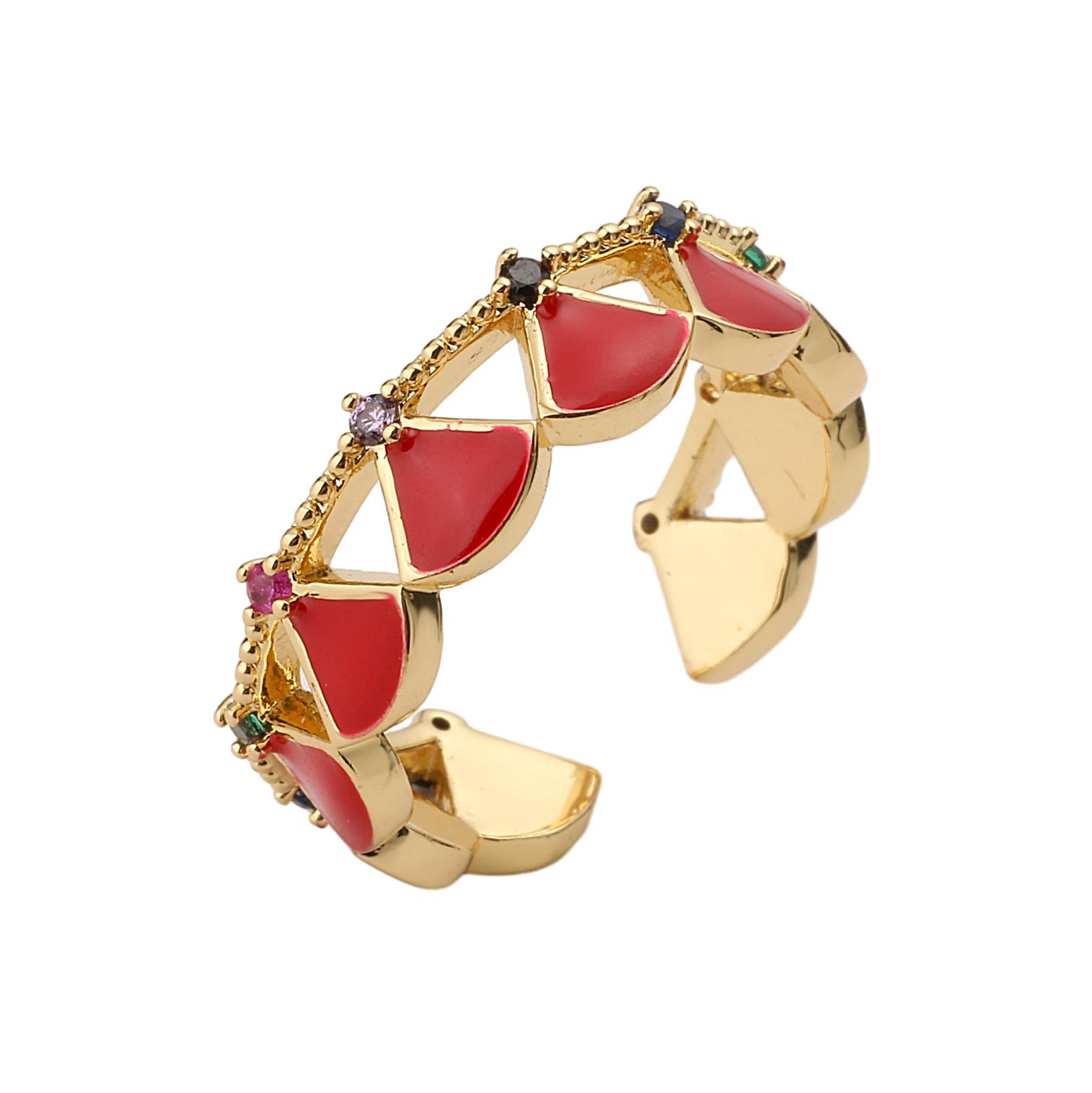 HECHENG,Enamel Rose Red Open Golden Ring with Fan shaped Hollow Colored Stone Adjustable Ring, Suitable for Women to Wear resizable красный