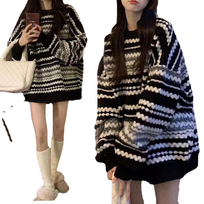 Women's Loose Sweater Mid Long Autumn/Winter Outerwear Striped Pullover Sweater